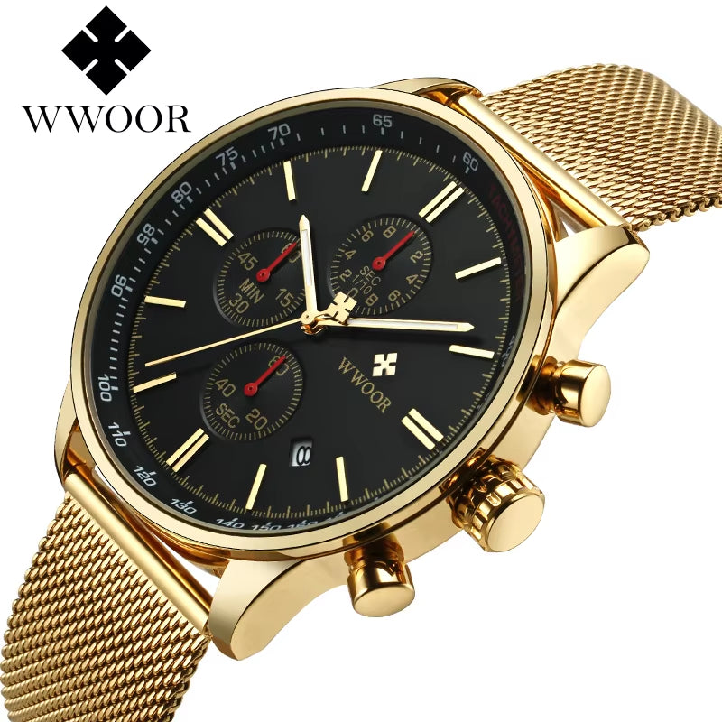 Men's Luxury Waterproof Chronograph Watch with Stainless Steel Mesh Band and Luminous Quartz Movement