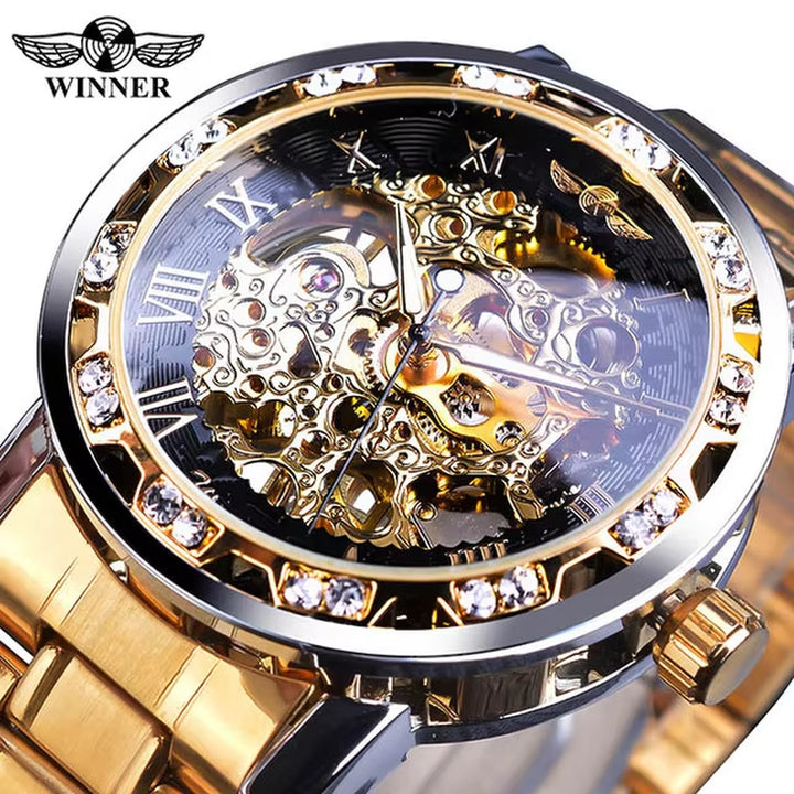 Winner Transparent Luxury Mechanical Skeleton Watch for Men with Diamond Accents and Royal Design