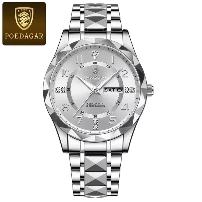 2024 POEDAGAR 858 Men's Waterproof Luminous Quartz Wristwatch with Date and Week Display - Sport Stainless Steel Design