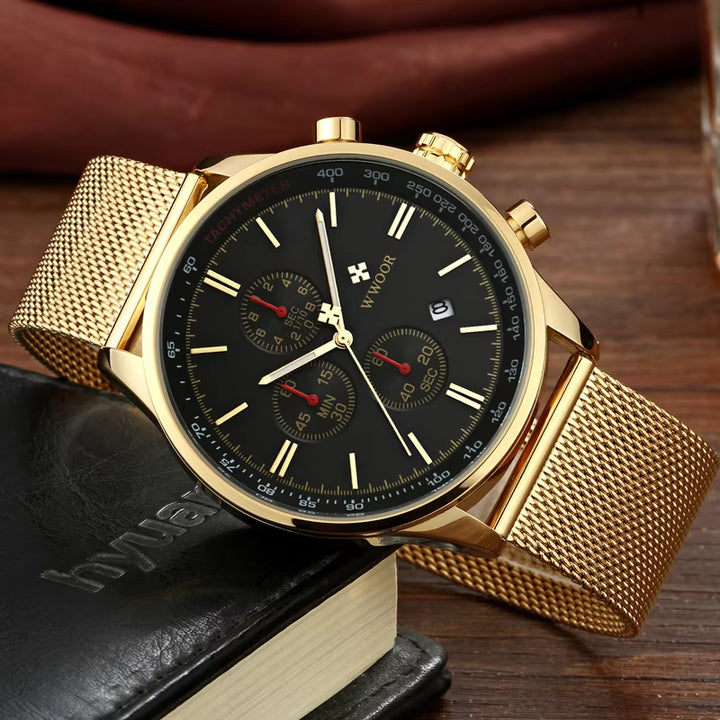 Men's Luxury Waterproof Chronograph Watch with Stainless Steel Mesh Band and Luminous Quartz Movement