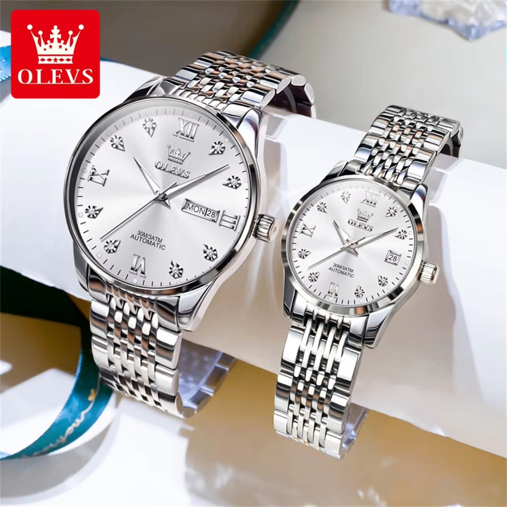 OLEVS 6673 White Lovers Automatic Watch Silver Stainless Steel Bracelet Luminous Calendar Mechanical Wristwatch Women