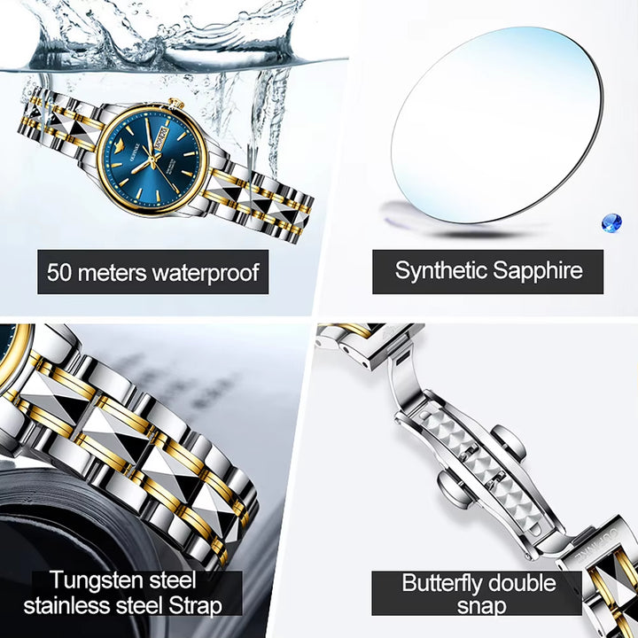 Women'S Embellished Luxury Japanese Mechanical Movement Tungsten Steel Luminous Date Elegant Simple Gold Ladies Watch