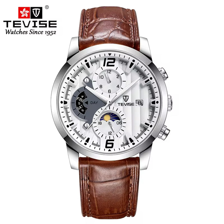 T850B Double Calendar Moon Phase Chronograph Multiple Time Zone Automatic Leather Watch for Men