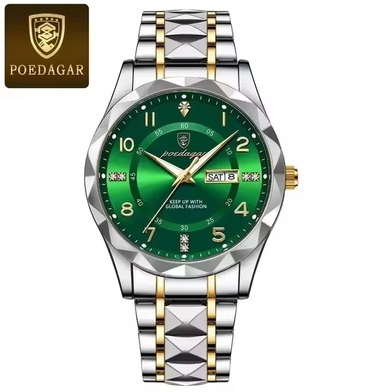 2024 POEDAGAR 858 Men's Waterproof Luminous Quartz Wristwatch with Date and Week Display - Sport Stainless Steel Design