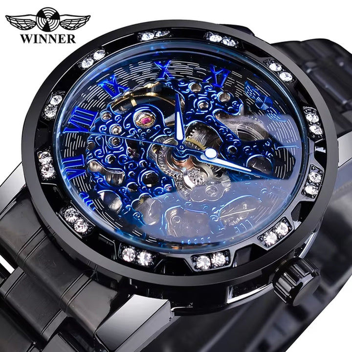 Winner Transparent Luxury Mechanical Skeleton Watch for Men with Diamond Accents and Royal Design