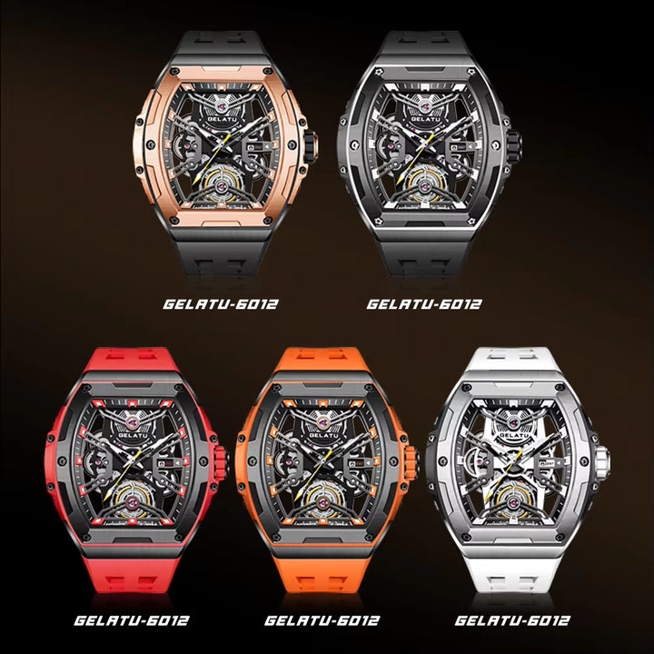 6012 Stock Available Rectangle Fashion Sport Watch 316L Stainless Steel Case Silicone Strap Mechanical Watches Men