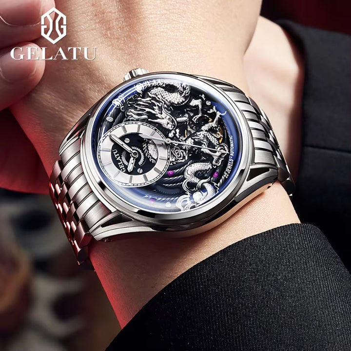 6018 Lucky Harvey Dragon Watch Men Luxury Unique Stainless Steel Hollow Out Automatic Mechanical Wrist Watches