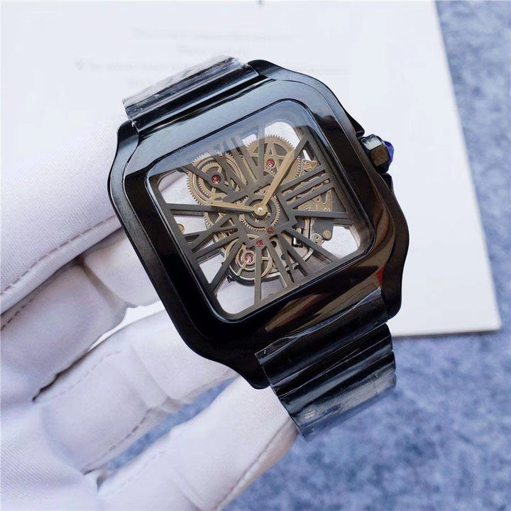 Luxury Men's Customized Skeleton Mechanical Wrist Watch - Solid Steel Square Design with Hollow Out Movement