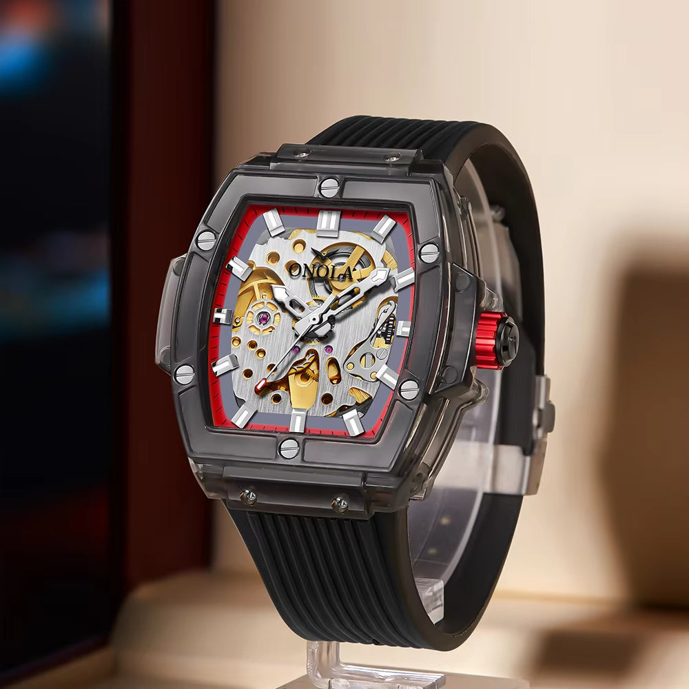 Luxury Men's Automatic Watch - Custom Red Waterproof Mechanical Timepiece