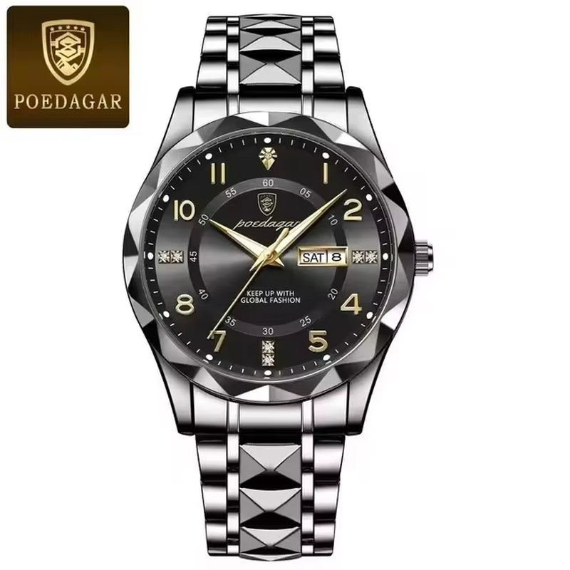 2024 POEDAGAR 858 Men's Waterproof Luminous Quartz Wristwatch with Date and Week Display - Sport Stainless Steel Design