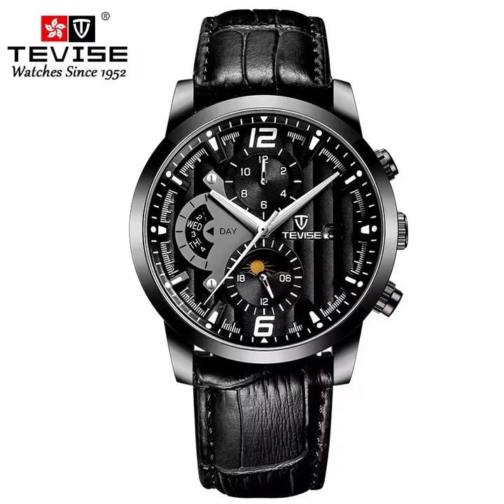 T850B Double Calendar Moon Phase Chronograph Multiple Time Zone Automatic Leather Watch for Men