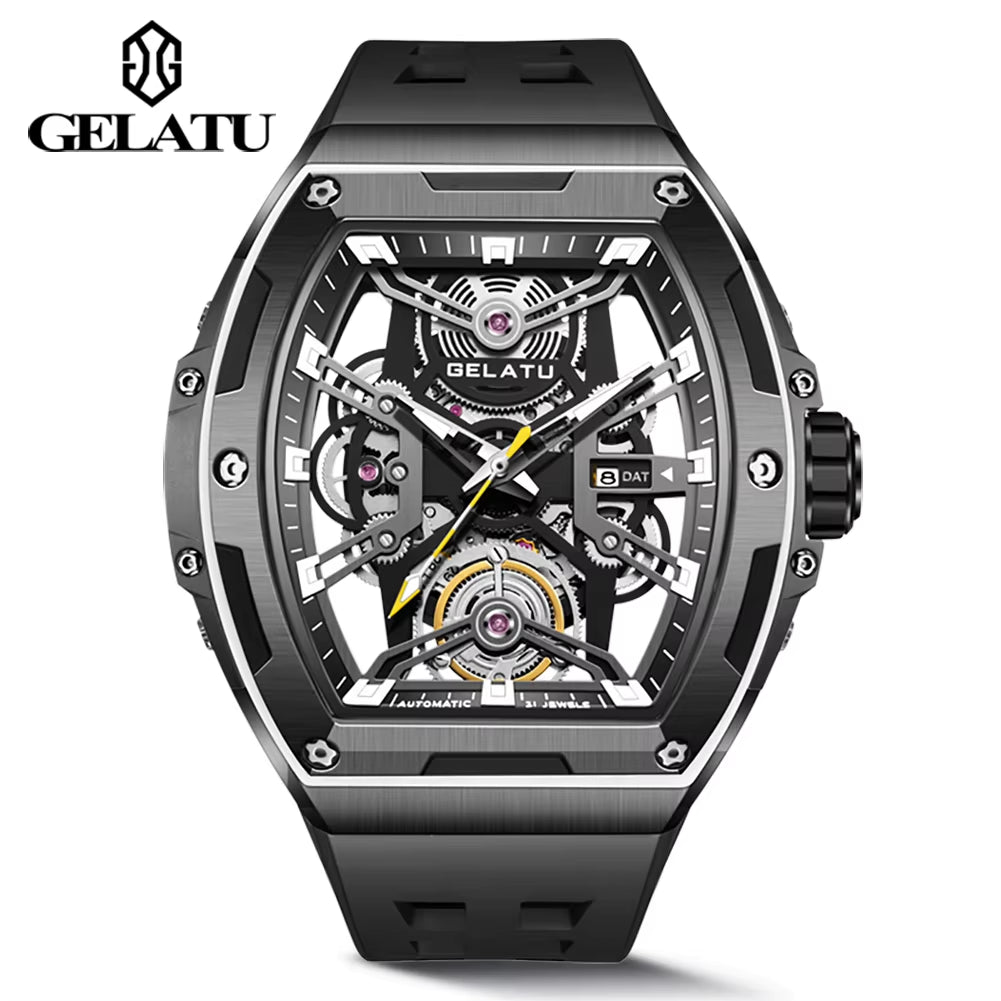 6012 Stock Available Rectangle Fashion Sport Watch 316L Stainless Steel Case Silicone Strap Mechanical Watches Men