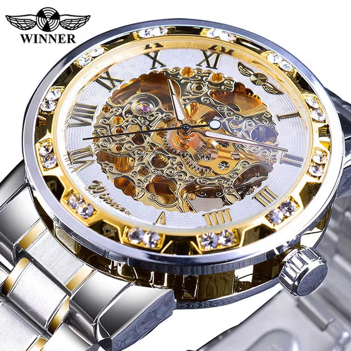 Winner Transparent Luxury Mechanical Skeleton Watch for Men with Diamond Accents and Royal Design