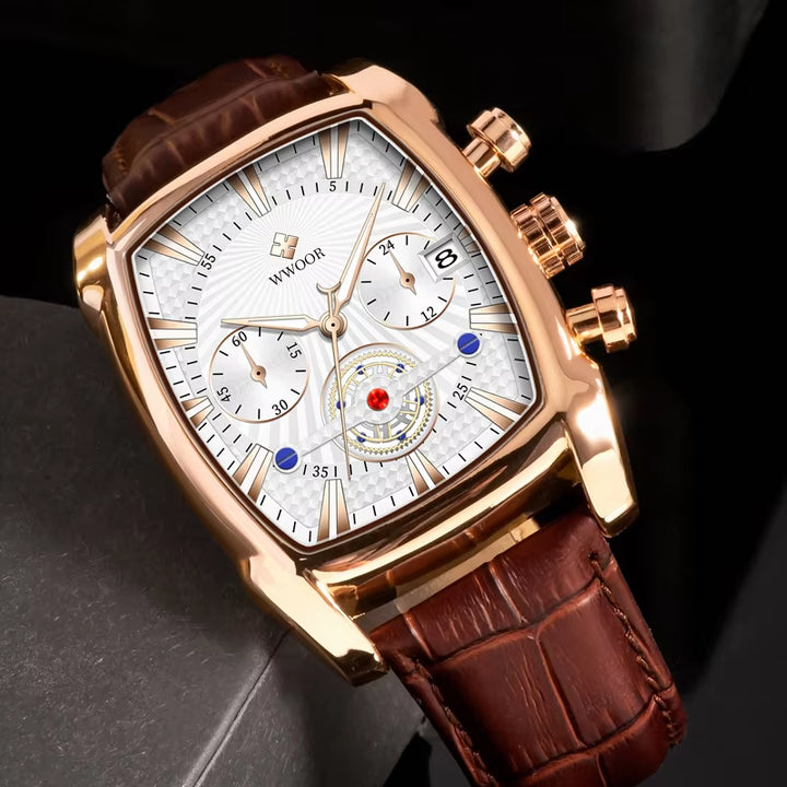 Brand 8843 Men's Luxury Quartz Watch with Luminous Hands, Fashionable Square Design, Leather Band, Waterproof Sports Timepiece