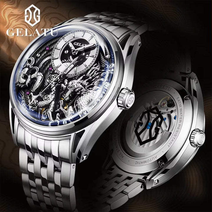 6018 Lucky Harvey Dragon Watch Men Luxury Unique Stainless Steel Hollow Out Automatic Mechanical Wrist Watches