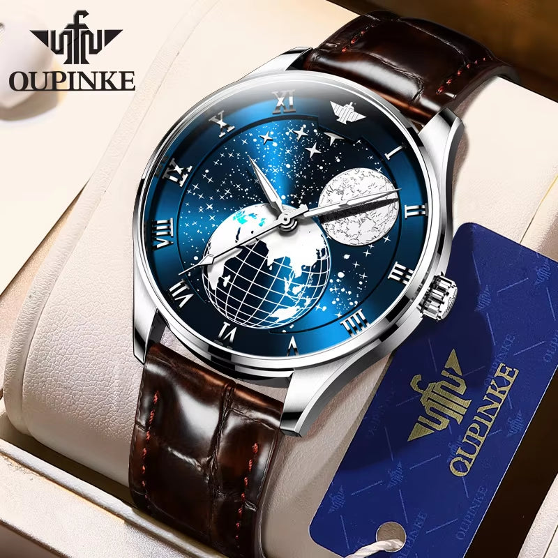 OUPINKE 3177 Popular Products Genuine Leather Watch Earth Universe Wristwatches Automatic Mechanical Watches for Men