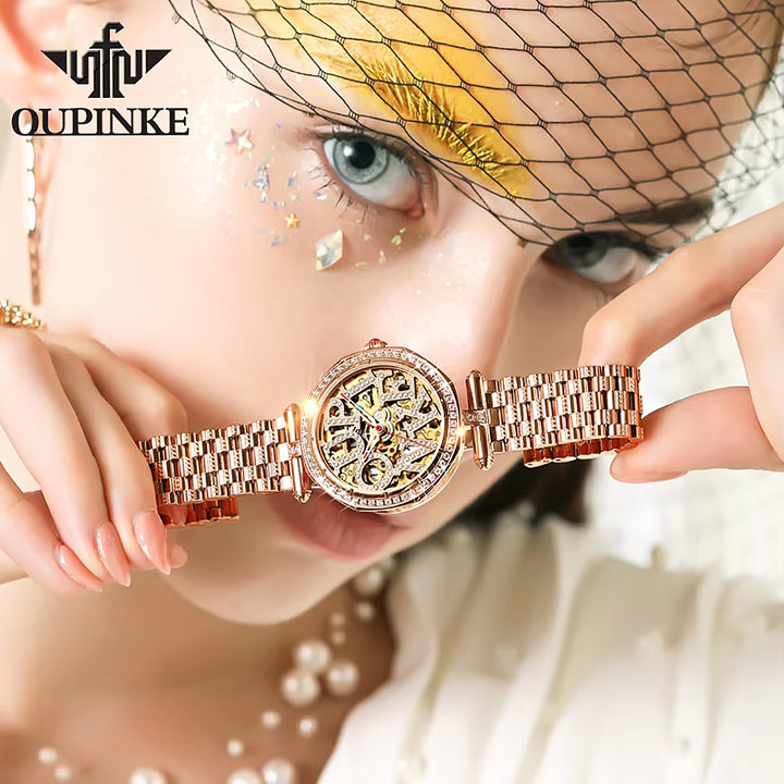 3175 Fashion Skeleton Sapphire Diamonds Crystal Luxury Brand Women Mechanical Watch Elegant Ladies Watch