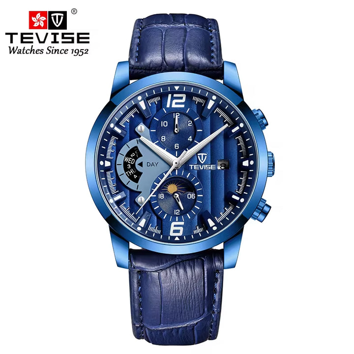 T850B Double Calendar Moon Phase Chronograph Multiple Time Zone Automatic Leather Watch for Men