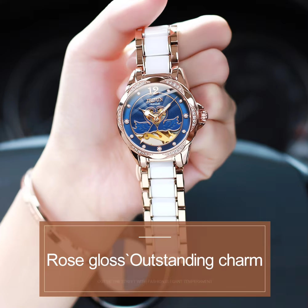 8831 Ceramic Swan Pattern Mechanical Watch Advanced Style Three Colors Women Watch