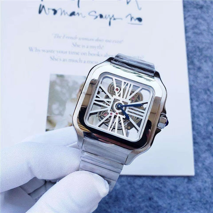 Luxury Men's Customized Skeleton Mechanical Wrist Watch - Solid Steel Square Design with Hollow Out Movement