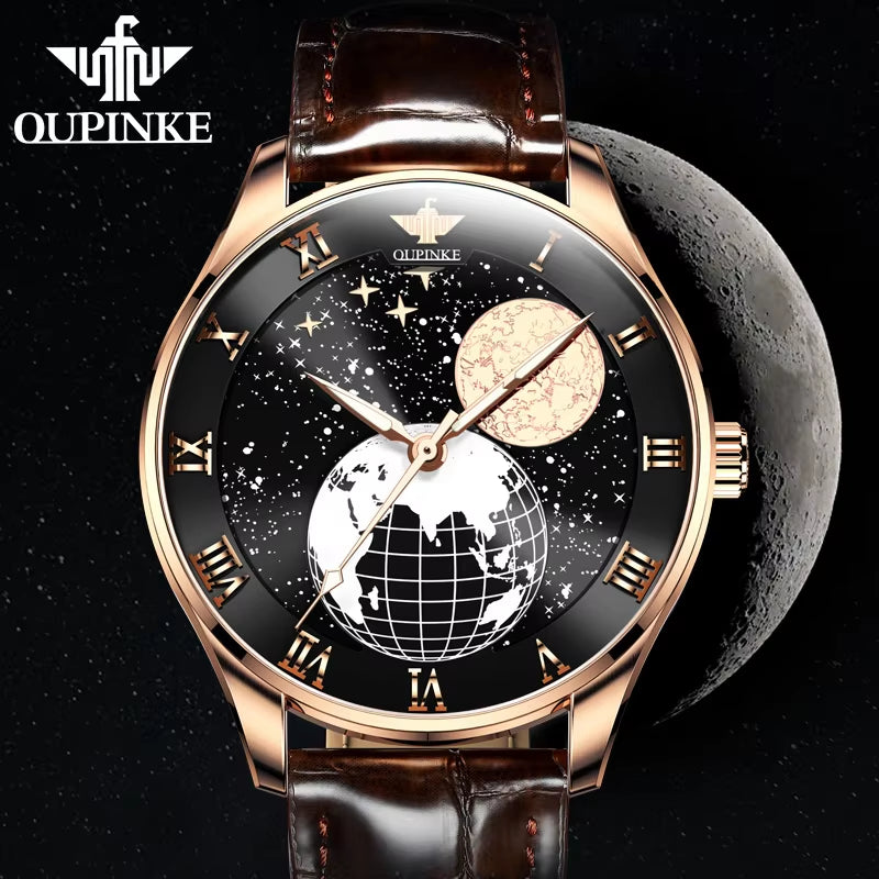 OUPINKE 3177 Popular Products Genuine Leather Watch Earth Universe Wristwatches Automatic Mechanical Watches for Men