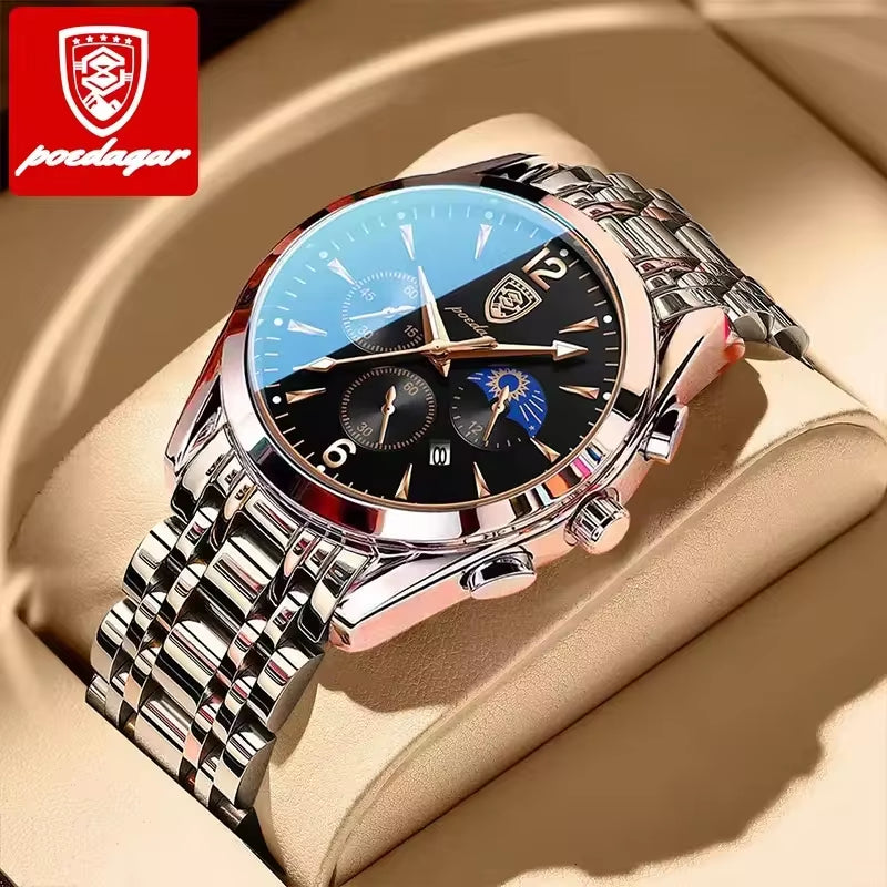 Luxury Men's Stainless Steel Quartz Watch with Date, Waterproof, and Luminous Features - Korean Fashion Design