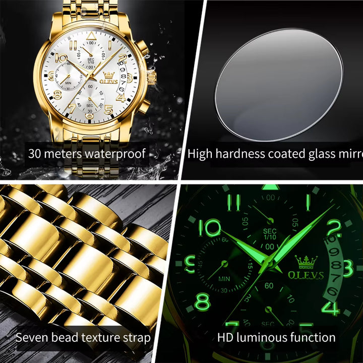 2879 Mens Watches Chronograph Quartz Watches Masculino Gift Full Steel Strap Luminous Waterproof Male Wristwatch