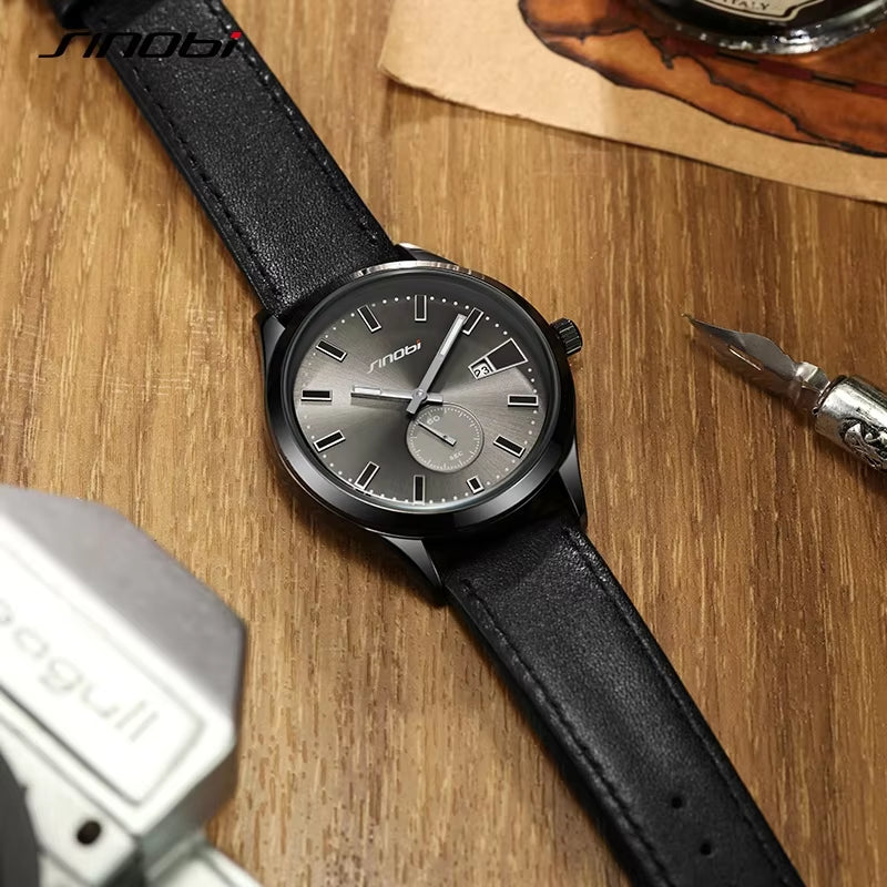 Men's Waterproof Quartz Watch with Calendar Feature - Genuine Leather, Premium Quality, Stylish Design