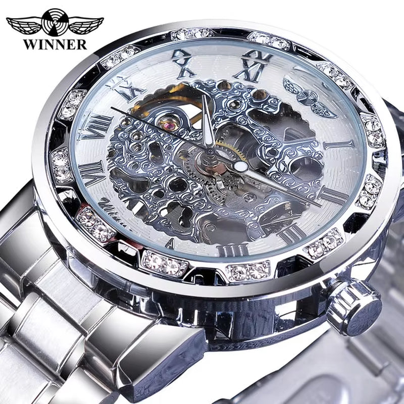 Winner Transparent Luxury Mechanical Skeleton Watch for Men with Diamond Accents and Royal Design