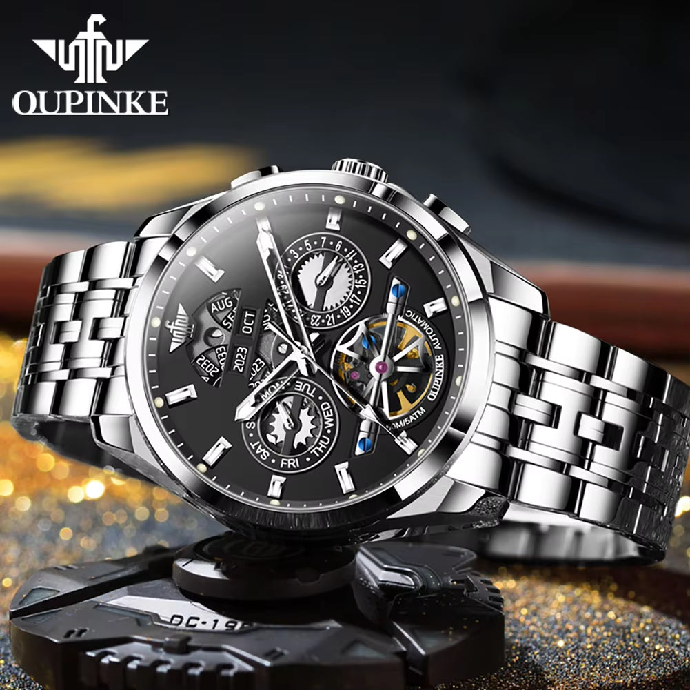 OUPINKE 3251 Custom OEM Logo Waterproof Tungsten Steel Classic Hollowed-Out Skeleton Automatic Mechanical Luxury Watch for Men