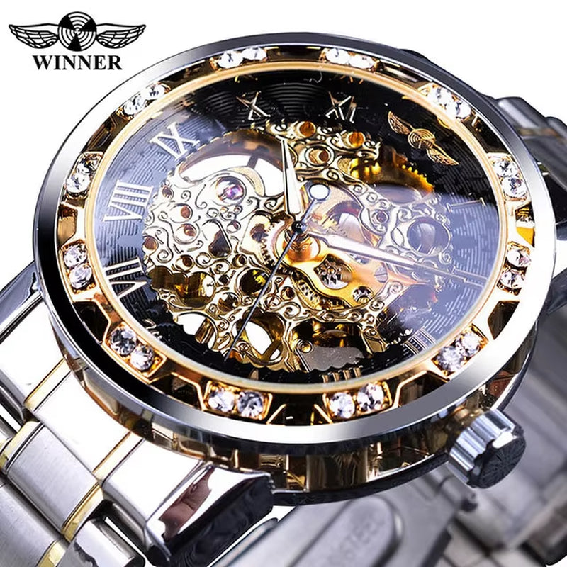 Winner Transparent Luxury Mechanical Skeleton Watch for Men with Diamond Accents and Royal Design