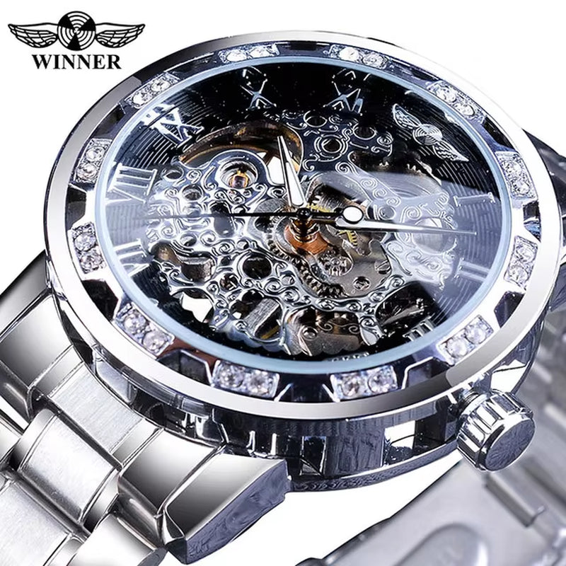 Winner Transparent Luxury Mechanical Skeleton Watch for Men with Diamond Accents and Royal Design