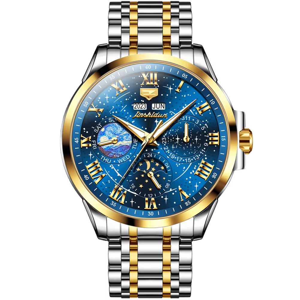 JSDUN 8957 Automatic Mechanical Watch for Men - Classic Calendar, Moon Phase Display, Waterproof Stainless Steel Design