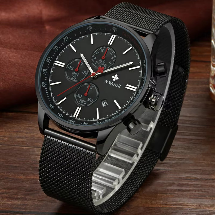 Men's Luxury Waterproof Chronograph Watch with Stainless Steel Mesh Band and Luminous Quartz Movement