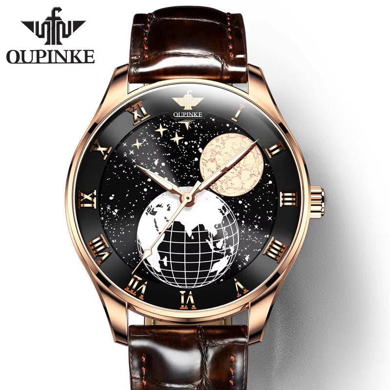 OUPINKE 3177 Popular Products Genuine Leather Watch Earth Universe Wristwatches Automatic Mechanical Watches for Men