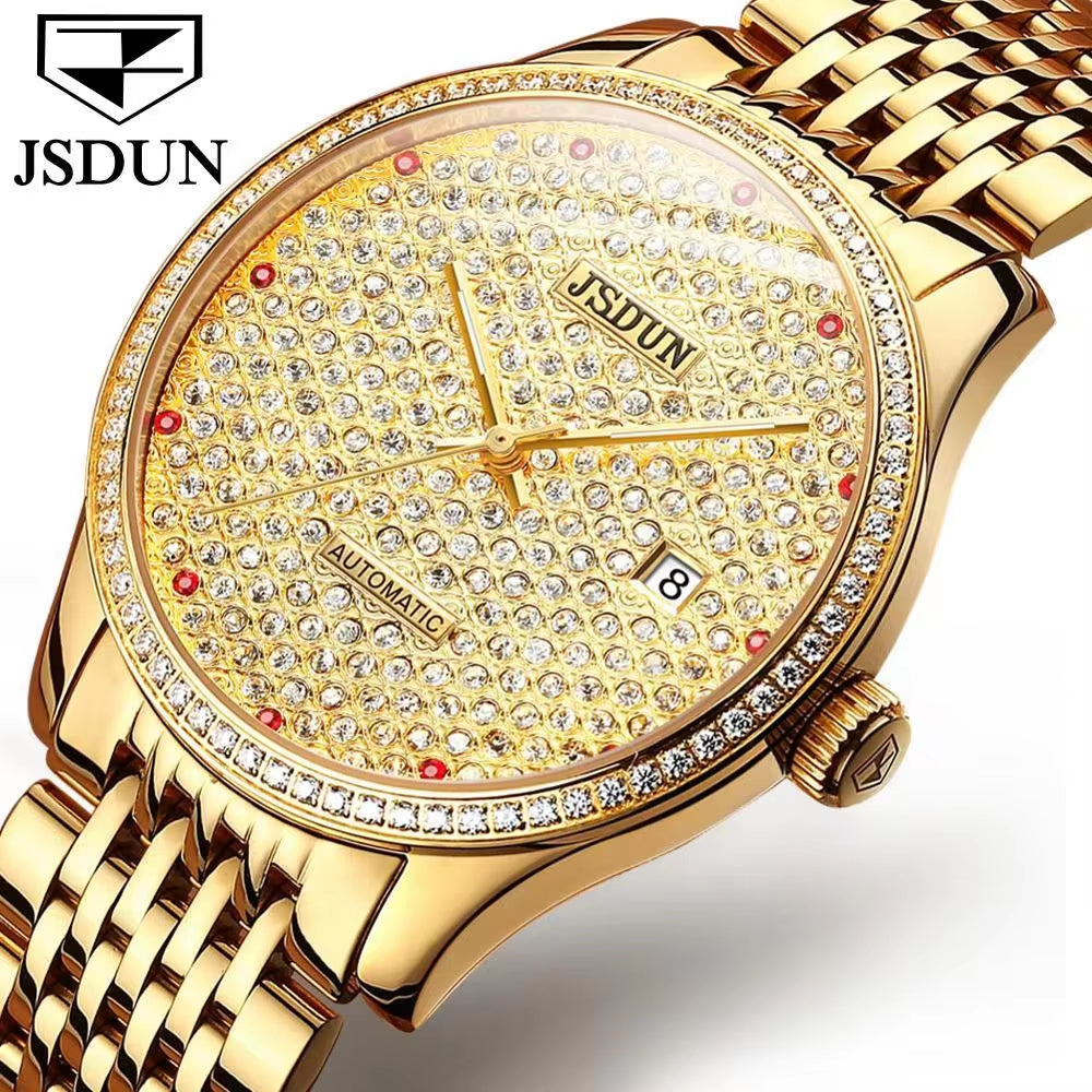 8815 Men Diamondh Automatic Mechanical Water Watch for Resistant Stainless Steel Band Fashion Business Date Hand Clock