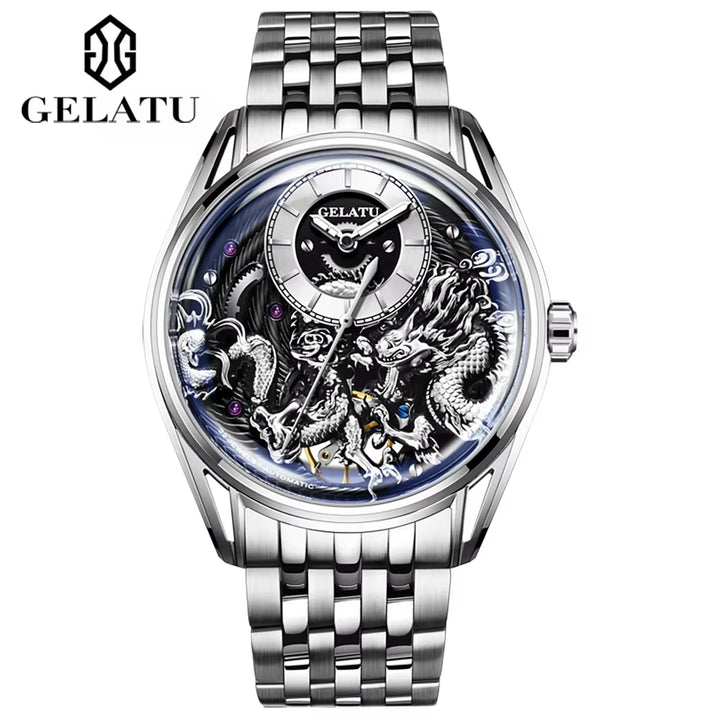 6018 Lucky Harvey Dragon Watch Men Luxury Unique Stainless Steel Hollow Out Automatic Mechanical Wrist Watches