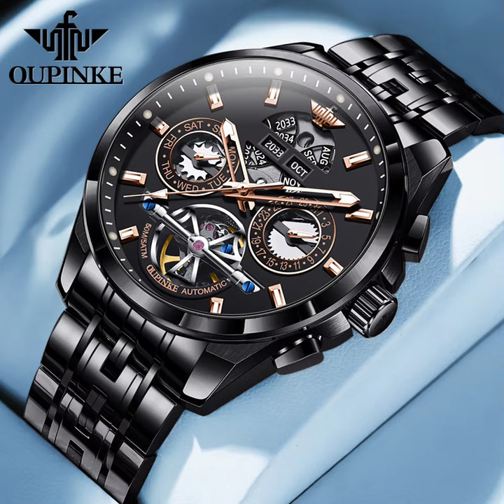 OUPINKE 3251 Custom OEM Logo Waterproof Tungsten Steel Classic Hollowed-Out Skeleton Automatic Mechanical Luxury Watch for Men