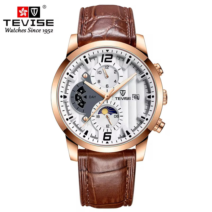 T850B Double Calendar Moon Phase Chronograph Multiple Time Zone Automatic Leather Watch for Men