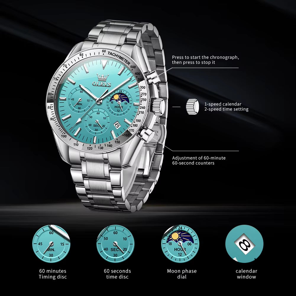 3618 Men's Luxury Waterproof Stainless Steel Analog Quartz Watch with Luminous Features