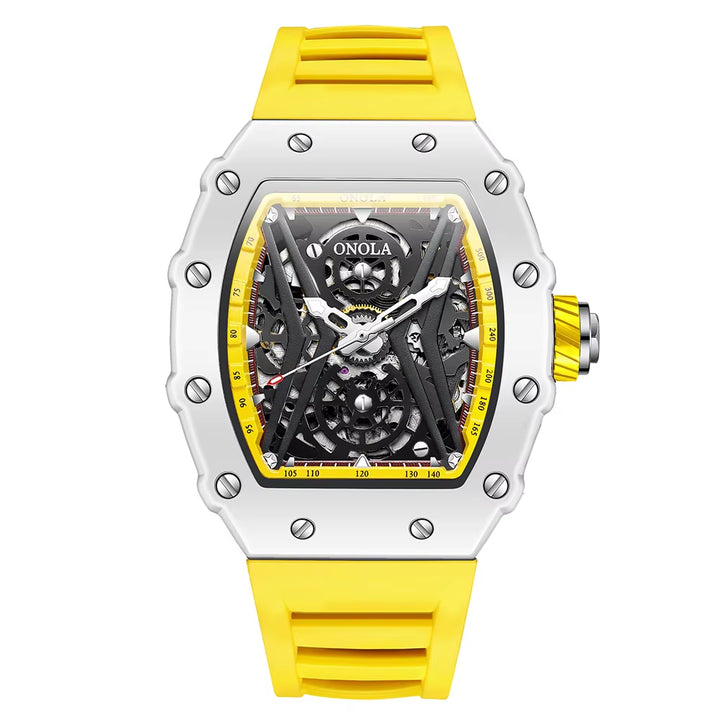 Men's Bucket-Shaped Mechanical Watch with Silicone Strap - Sports Fashion Timepiece 3828W