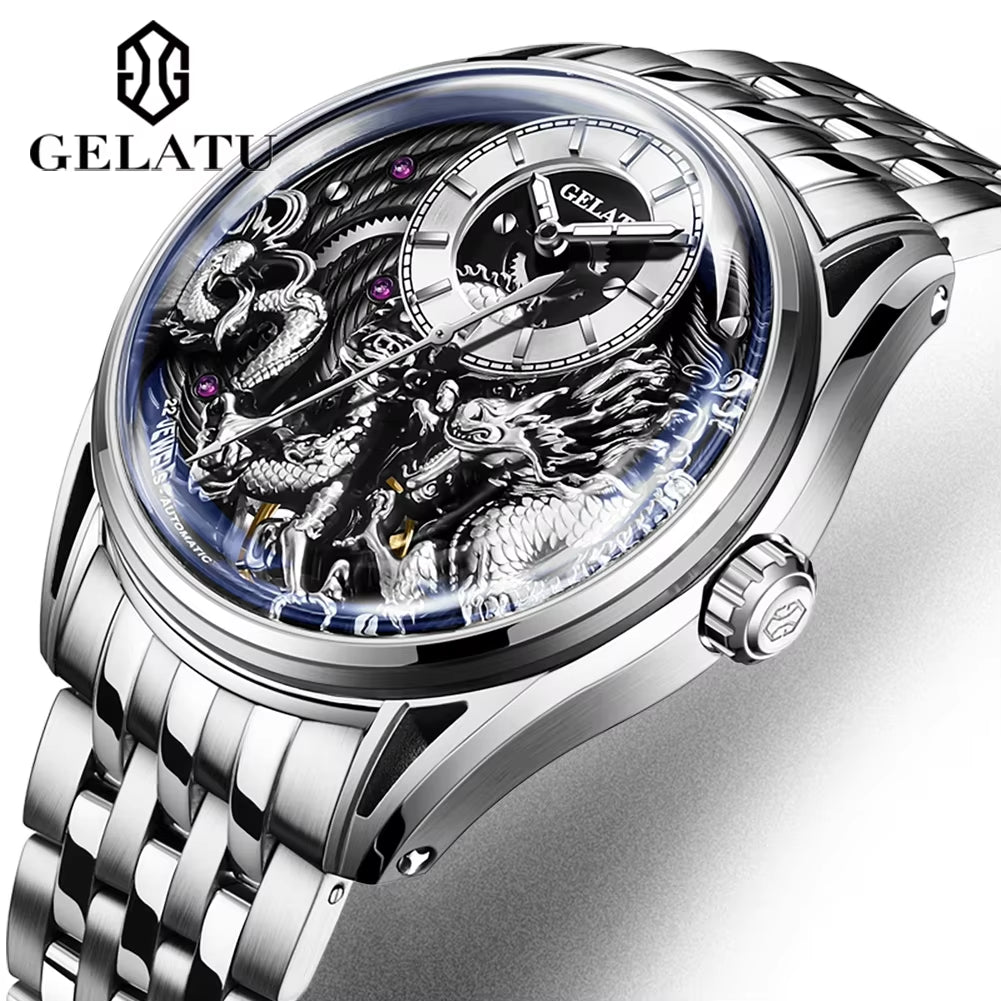 6018 Lucky Harvey Dragon Watch Men Luxury Unique Stainless Steel Hollow Out Automatic Mechanical Wrist Watches