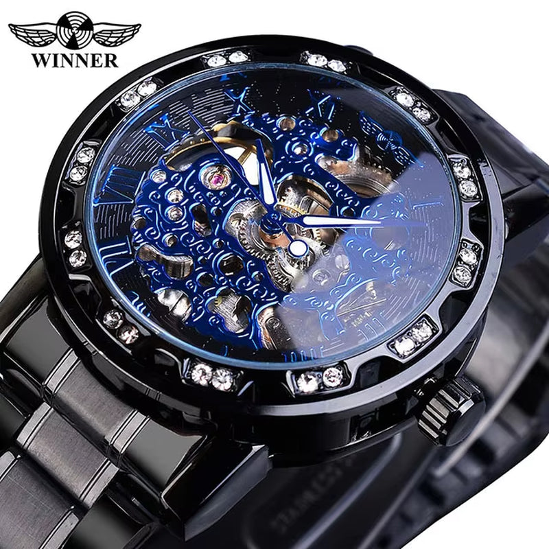 Winner Transparent Luxury Mechanical Skeleton Watch for Men with Diamond Accents and Royal Design