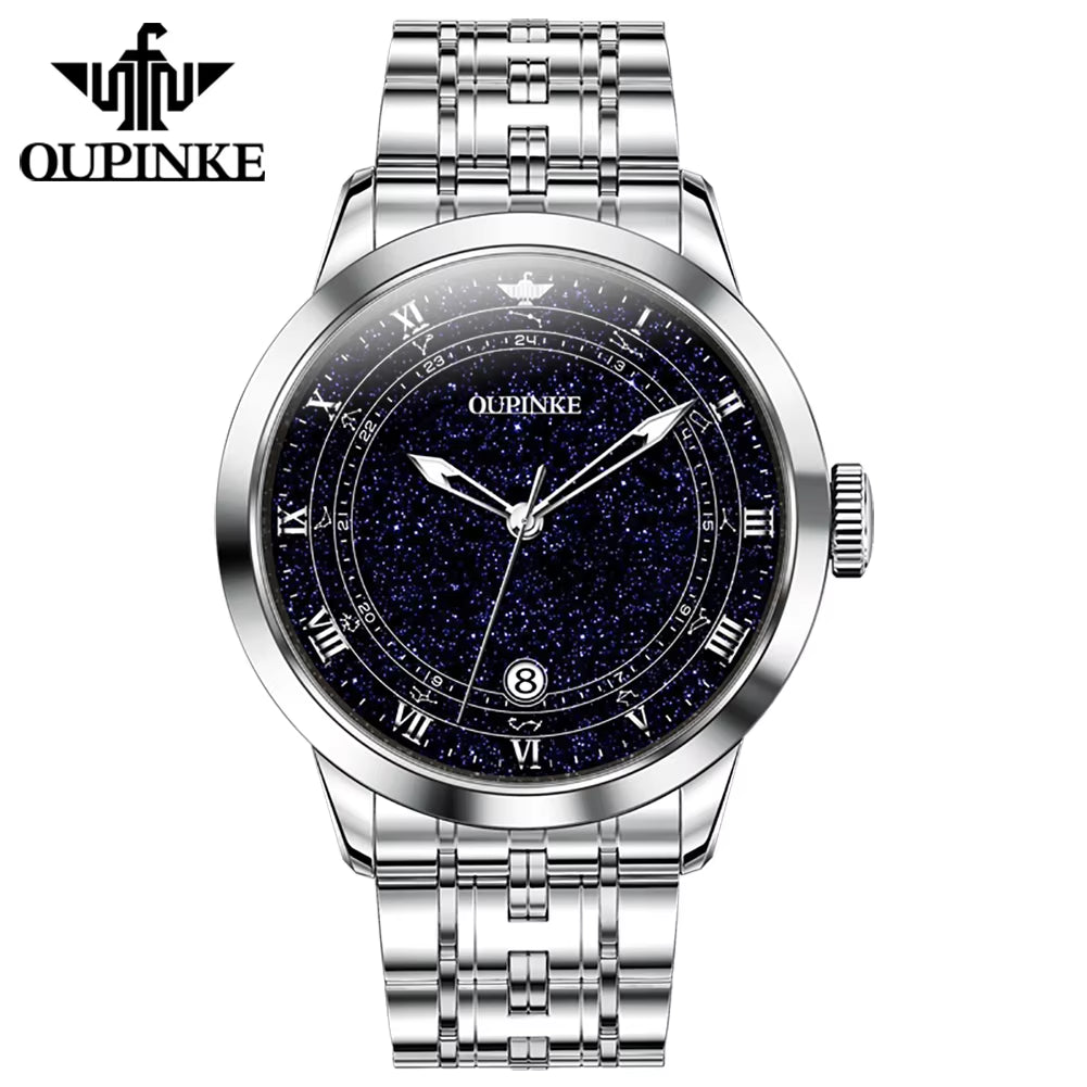 3203 All Stars Blue Galaxy Stainless Steel Calendar Window Waterproof 50M Fashion Mechanical Watch Men'S High Level