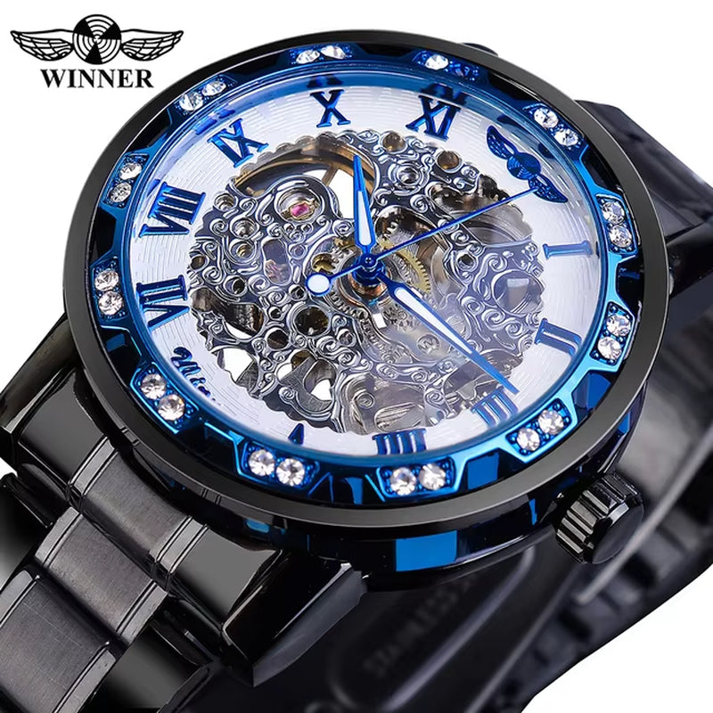 Winner Transparent Luxury Mechanical Skeleton Watch for Men with Diamond Accents and Royal Design