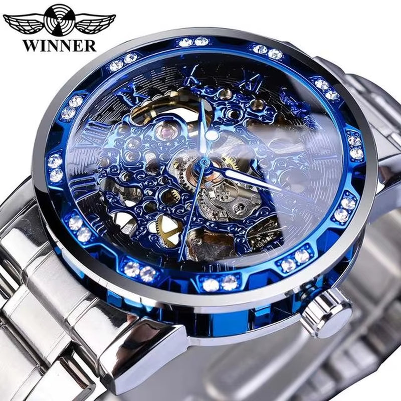 Winner Transparent Luxury Mechanical Skeleton Watch for Men with Diamond Accents and Royal Design