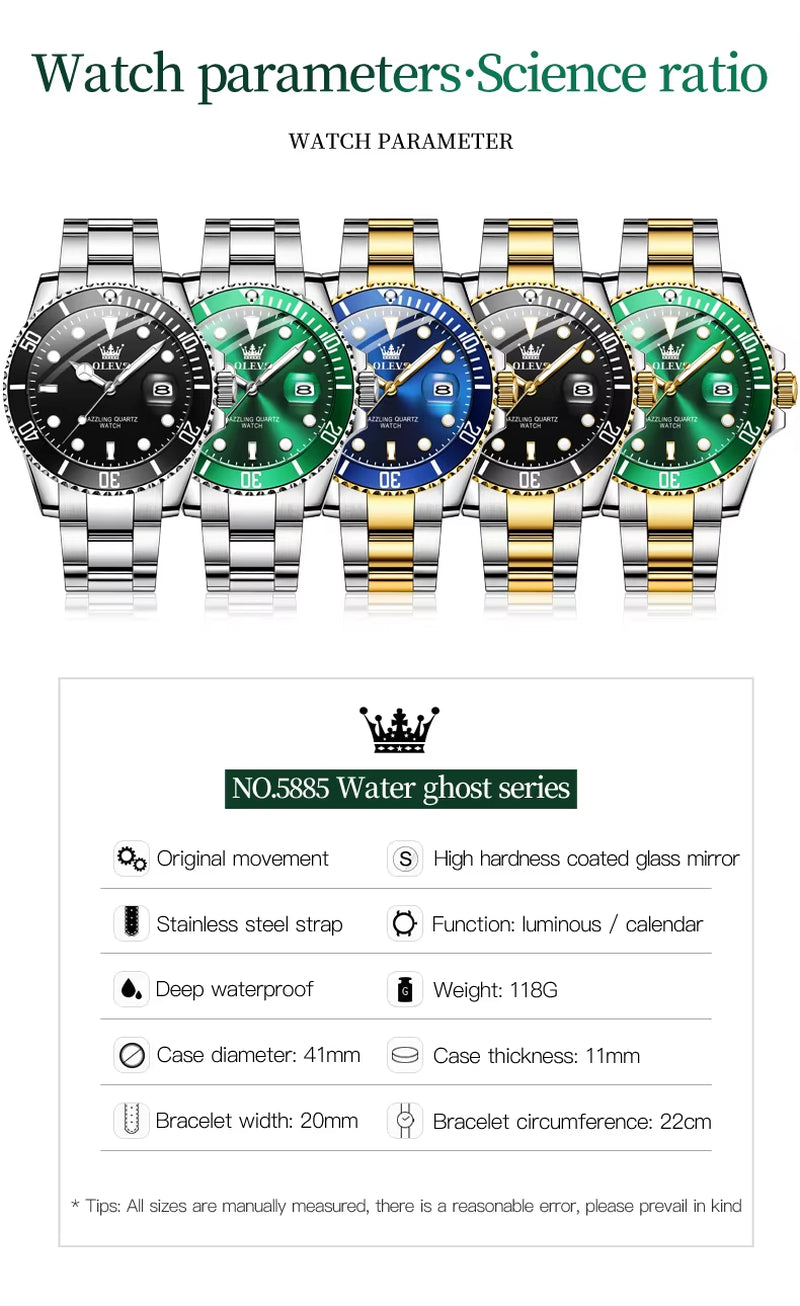 Men's Luxury Stainless Steel Quartz Watch - Waterproof Green Luminous Wristwatch