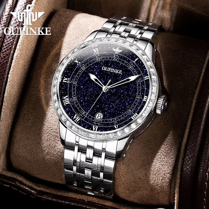 3203 All Stars Blue Galaxy Stainless Steel Calendar Window Waterproof 50M Fashion Mechanical Watch Men'S High Level