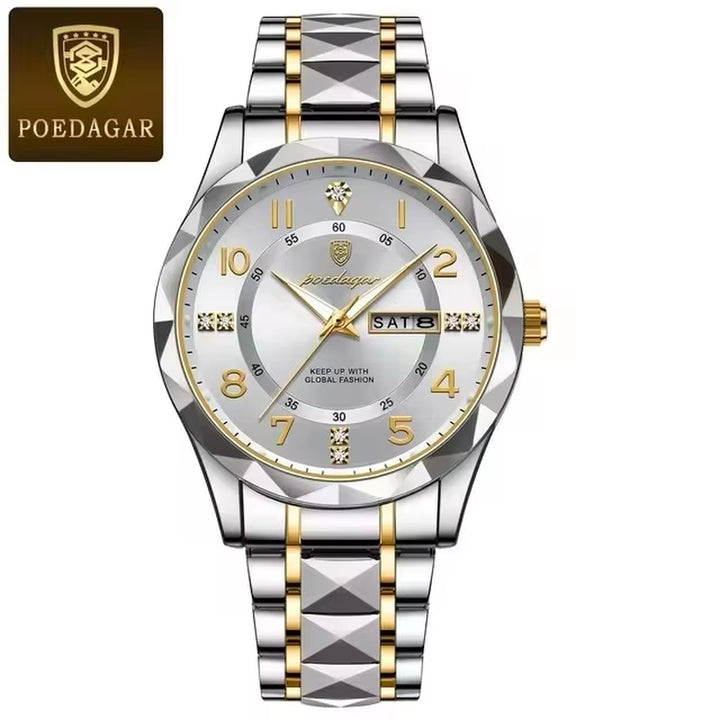 2024 POEDAGAR 858 Men's Waterproof Luminous Quartz Wristwatch with Date and Week Display - Sport Stainless Steel Design