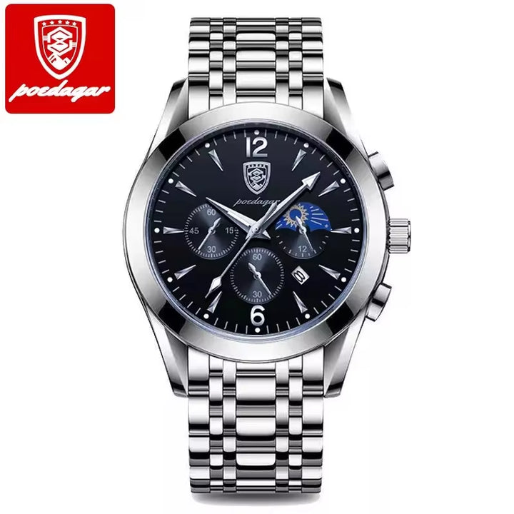 Luxury Men's Stainless Steel Quartz Watch with Date, Waterproof, and Luminous Features - Korean Fashion Design